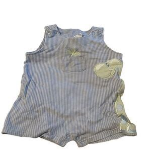 Vintage gingham blue with checkered shortfalls romper 24 months Dino dinosaur